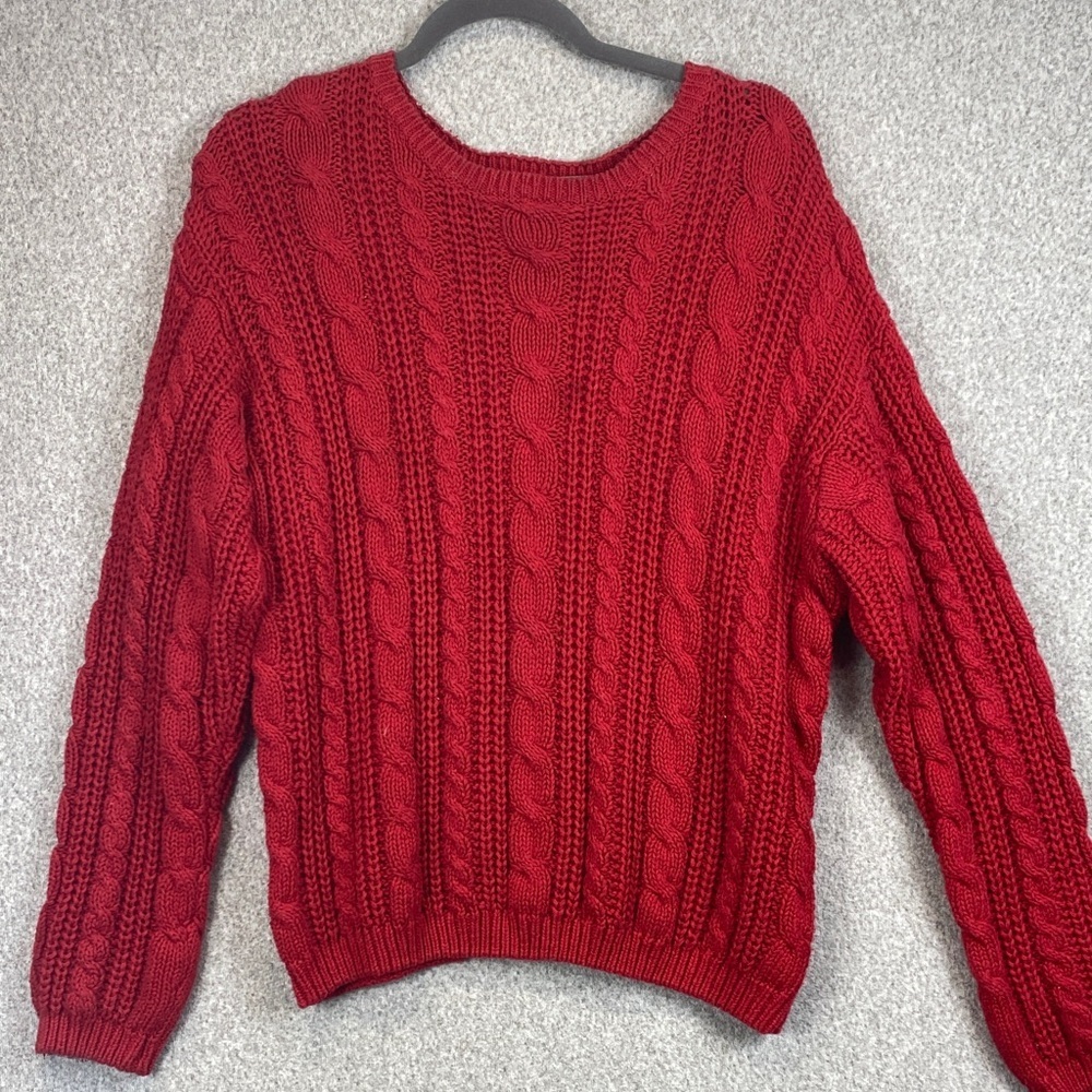 Vtg Chaus cable knit sweater M heavy weight chunky fisherman cherry red preppy